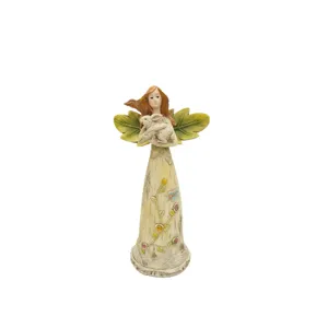 Resin angel figurine home decor, cute girl sculpture with rabbit and leaf wings for room decoration.