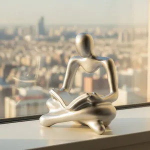 Modern silver abstract thinker reading statue resin sculpture for home desk desktop decor