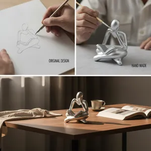 Silver abstract thinker statue resin reading figurine for modern home desk decor.
