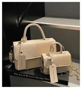 Color block retro mini handbag shoulder bag stylish top handle bag with chain strap