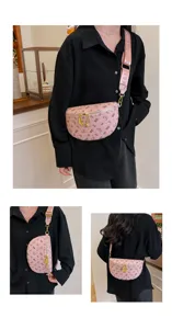Pink chest bag detail showing multi-angle wear, cute bear print and wide fashion strap.