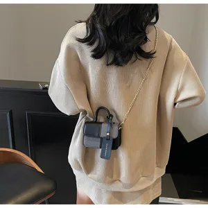 Color-block vintage small handbag, fashion tote square bag with chain and handle.