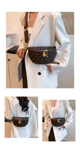 Fashion brown monogram chest bag with cute bear pendant and adjustable strap for women.