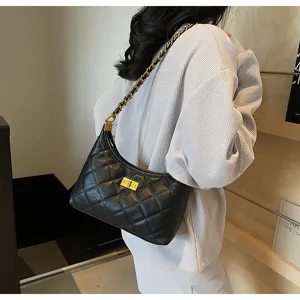 Black quilted chain shoulder bag for women elegant underarm dumpling bag crossbody purse