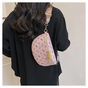 Pink crescent chest bag for women, stylish crossbody waist bag with cute bear print and charm.