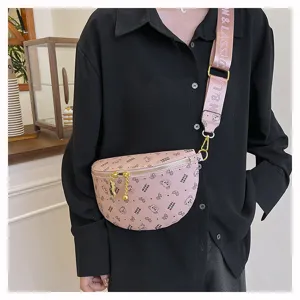 Fashion pink chest bag casual crossbody fanny pack with cute bear print and wide strap.