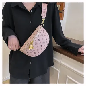 Pink fashion chest bag stylish crossbody waist bag with cute bear print and wide strap.