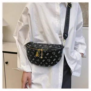 Stylish black chest bag, trendy printed PU leather fanny pack with bear pendant for daily use.