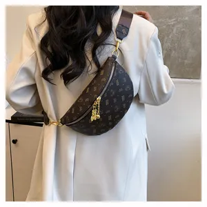 Fashionable brown monogram crossbody chest bag detail, chic streetwear waist bag for women.