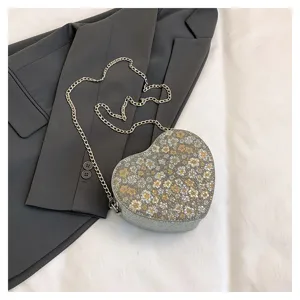 Heart-shaped floral crossbody bag with metallic chain strap stylish glitter shoulder bag for women