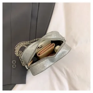 Silver glitter heart chain crossbody bag for women fashion stylish shoulder handbag