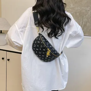 Stylish black chest bag for women, trendy crossbody fanny pack with cute bear print.