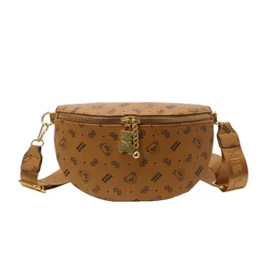 Stylish brown waist bag for women, cute bear print chest bag with adjustable wide strap.
