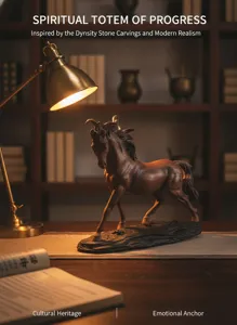Close-up detail of the resin horse figurine on a vintage desk with warm lamp lighting.