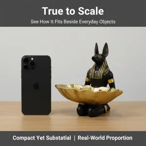 Detailed view of the Egyptian Anubis tray sculpture shown beside a phone for scale reference.