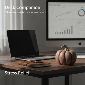 Detailed view of the resin pumpkin desk companion ornament showcasing wood texture in office setup.