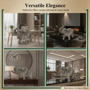 Resin elephant figurine displayed in multi-scene settings, detailed craftsmanship for home decor.