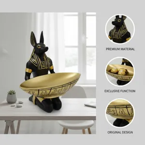 Egyptian Anubis resin storage tray sculpture, black and gold home decor table ornament.