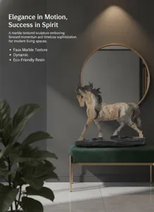 Resin horse sculpture with faux marble texture, dynamic home office decor detail.