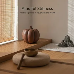 Detailed view of resin pumpkin ornament in Zen decor scene, highlighting wood grain texture.