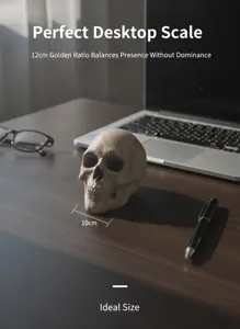 Resin skull figurine with wood grain finish, ideal for desktop decoration and Halloween decor.