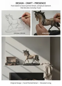 Detail view of resin horse figurine, hand-painted texture, elegant home decor on mantel.