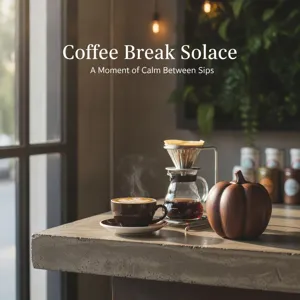 Detailed view of the resin pumpkin ornament on a rustic wooden table with coffee setup.