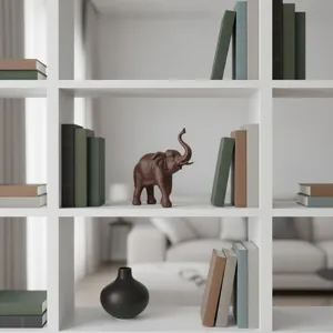 Detailed view of a brown resin elephant figurine on a white bookshelf for home decor.