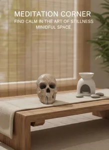 Resin skull ornament with wood grain transfer, perfect for Halloween and home desktop decor.