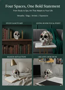 Resin skull ornament with artistic water transfer pattern for stylish home and desk decor.