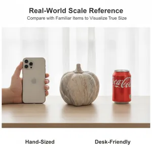 Resin pumpkin figurine detail view, featuring water transfer wood grain for autumn home decor.