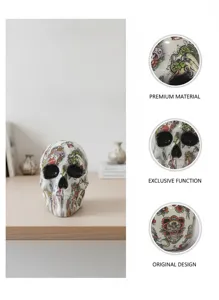 Resin skull ornament with tattoo design, creative desktop decor for Halloween home.