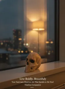 Resin skull ornament detail, wood grain texture, moody night window decor closeup.