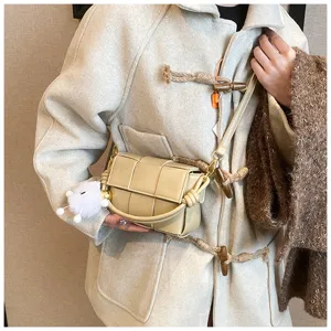 Beige woven leather crossbody shoulder bag for women winter fashion casual handbag daily use