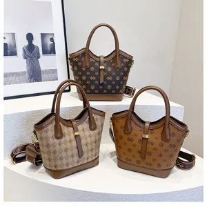 Vintage Monogram Women Bucket Bag Large Capacity Retro Shoulder Crossbody Tote Bag 2024