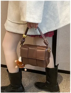 Brown woven leather shoulder handbag for women, stylish knotted handle crossbody bag winter new