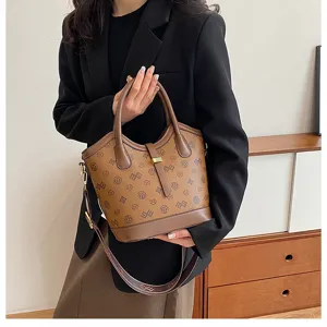 Vintage retro monogram bucket bag for women stylish shoulder crossbody handbag brown style