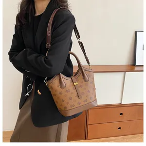 Vintage monogram bucket bag for women, retro fashion shoulder handbag with large capacity.