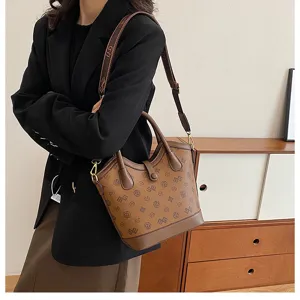 Vintage brown monogram women bucket handbag retro fashion shoulder bag large capacity