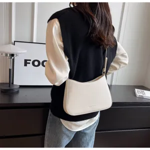 Minimalist white baguette shoulder bag for women, chic retro PU leather underarm purse.