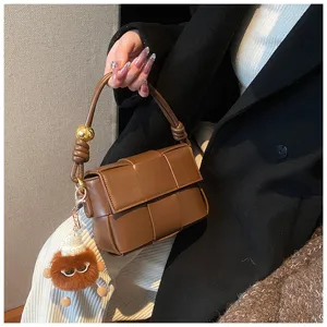 Brown woven leather handbag chic shoulder crossbody bag stylish female accessory for winter