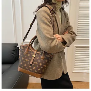 Retro monogram tote bag for women, large capacity shoulder bag, versatile cross body purse.