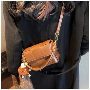Winter brown woven crossbody bag for women, stylish leather shoulder bag with knot handle.
