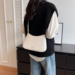 White PU leather baguette shoulder bag for women, chic vintage underarm handbag for daily use