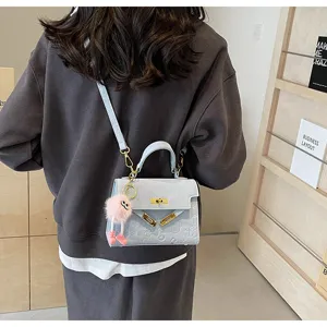 Korean style fashion embossed Kelly shoulder bag with cute pendant for women daily chic match.