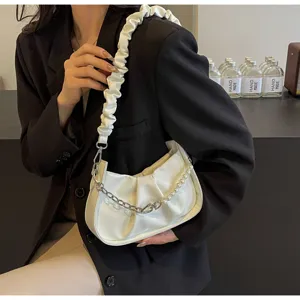 White ruched shoulder bag for women, stylish pearl chain armpit bag, elegant chic crossbody.