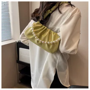 Green ruched shoulder bag for women fashion cloud bag with pearl chain strap casual underarm bag