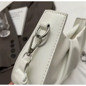 White ruched shoulder bag detail, elegant pleats and silver metal hardware for women.