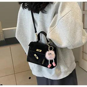Korean fashion mini black handbag embossed Kelly style shoulder crossbody bag for women