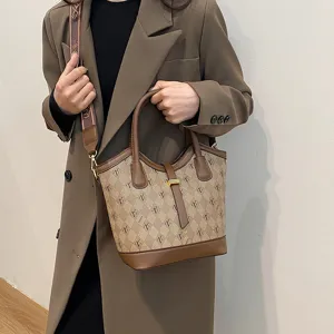 Vintage brown monogram bucket bag for women stylish top handle shoulder crossbody bag